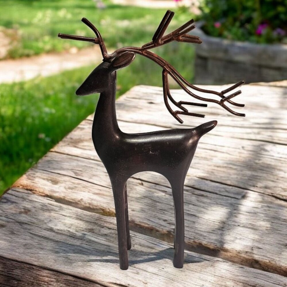 Metal Abstract Deer/Reindeer Brown Bronze Color Figure Statue 8 1/2" x 5 1/2"